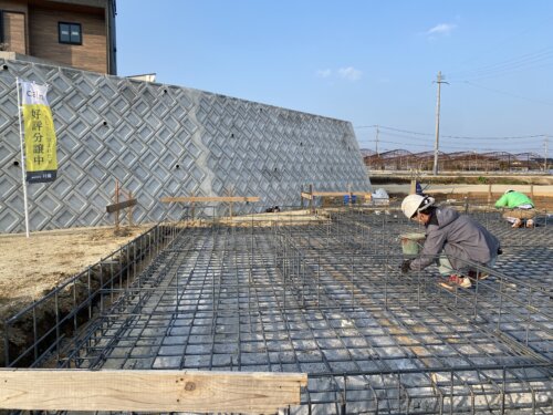 植木町滴水１号地モデルハウス。鉄筋工事中。明日JIOの検査です。